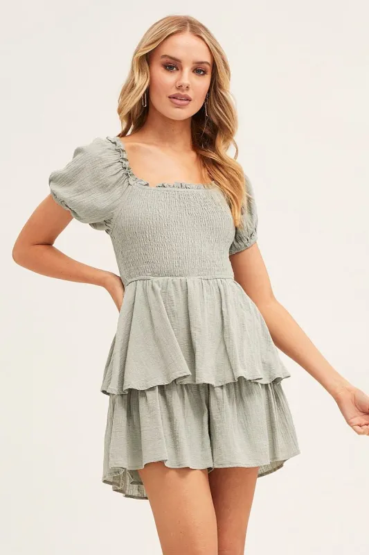 Green Short Sleeve Textured Cotton Shirred Playsuit sold by Ally Fashion