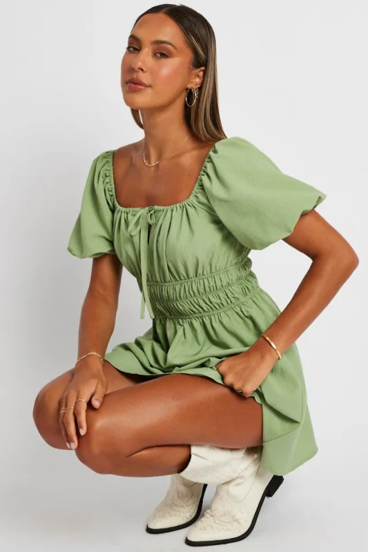 Green Fit And Flare Dress Puff Sleeve Mini sold by Ally Fashion