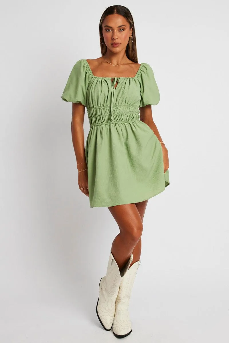Green Fit And Flare Dress Puff Sleeve Mini sold by Ally Fashion product image thumbnail 2