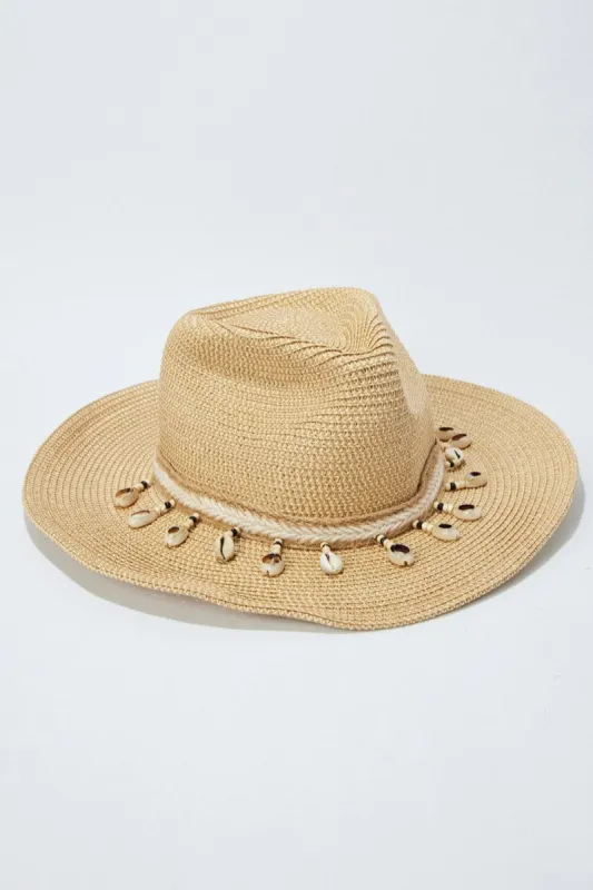 Beige Shell Detail Straw Cowboy Hat sold by Ally Fashion