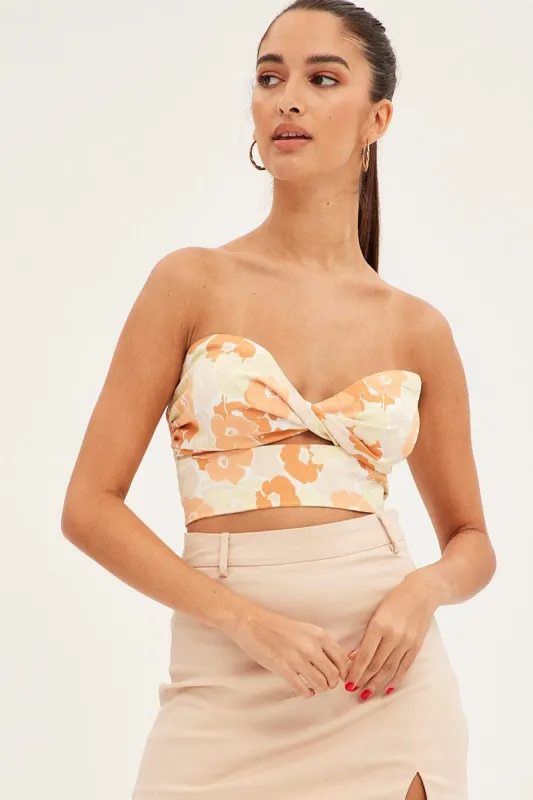 Orange Floral Twist Crop Top Bandeau Floral Print sold by Ally Fashion