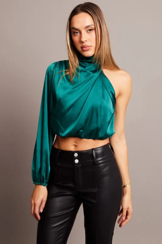 Green High Neck Blouse One Sleeve Asymmetric Top sold by Ally Fashion