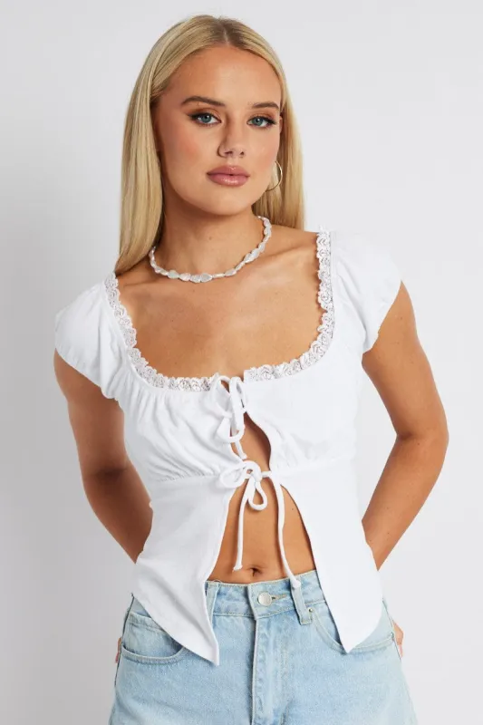 White Front Tie Top Short Sleeve Rib sold by Ally Fashion