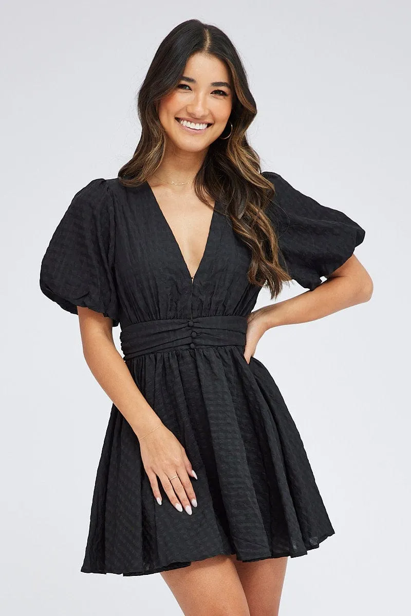 Black Fit And Flare Dress Puff Sleeve Mini sold by Ally Fashion