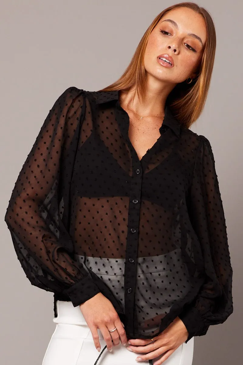 Black Shirt Long Sleeve Self Dot sold by Ally Fashion