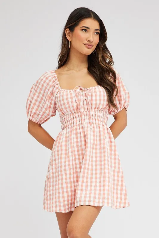 Pink Check Fit and Flare Dress Short Sleeve Ruched sold by Ally Fashion