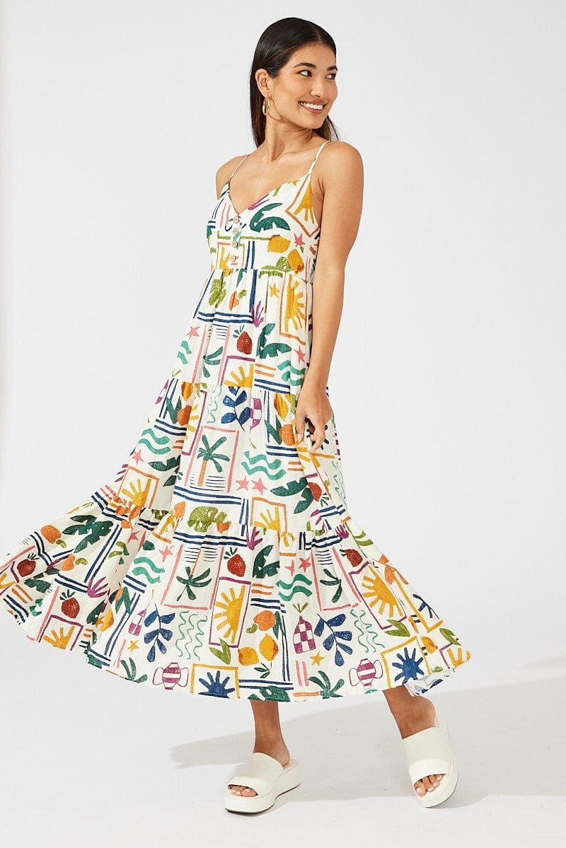 Multi Abstract Midi Dress Sleeveless V-Neck sold by Ally Fashion