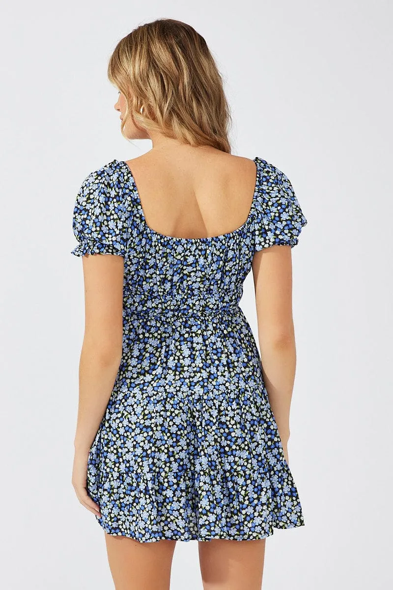 Black Ditsy Fit And Flare Dress Puff Sleeve Mini sold by Ally Fashion product image thumbnail 5