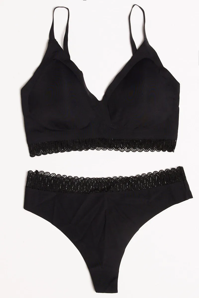 Black Lace Trim Bralette and Knickers Lingerie Set sold by Ally Fashion