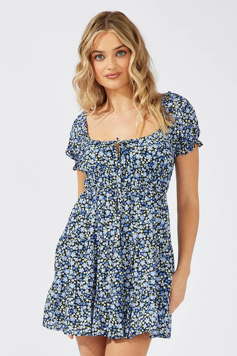 Black Ditsy Fit And Flare Dress Puff Sleeve Mini sold by Ally Fashion product image thumbnail 3