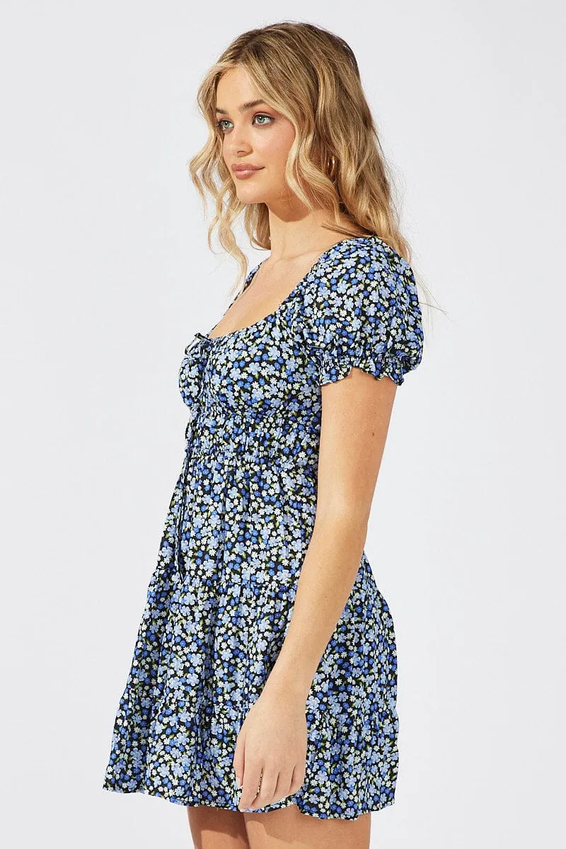 Black Ditsy Fit And Flare Dress Puff Sleeve Mini sold by Ally Fashion product image thumbnail 4