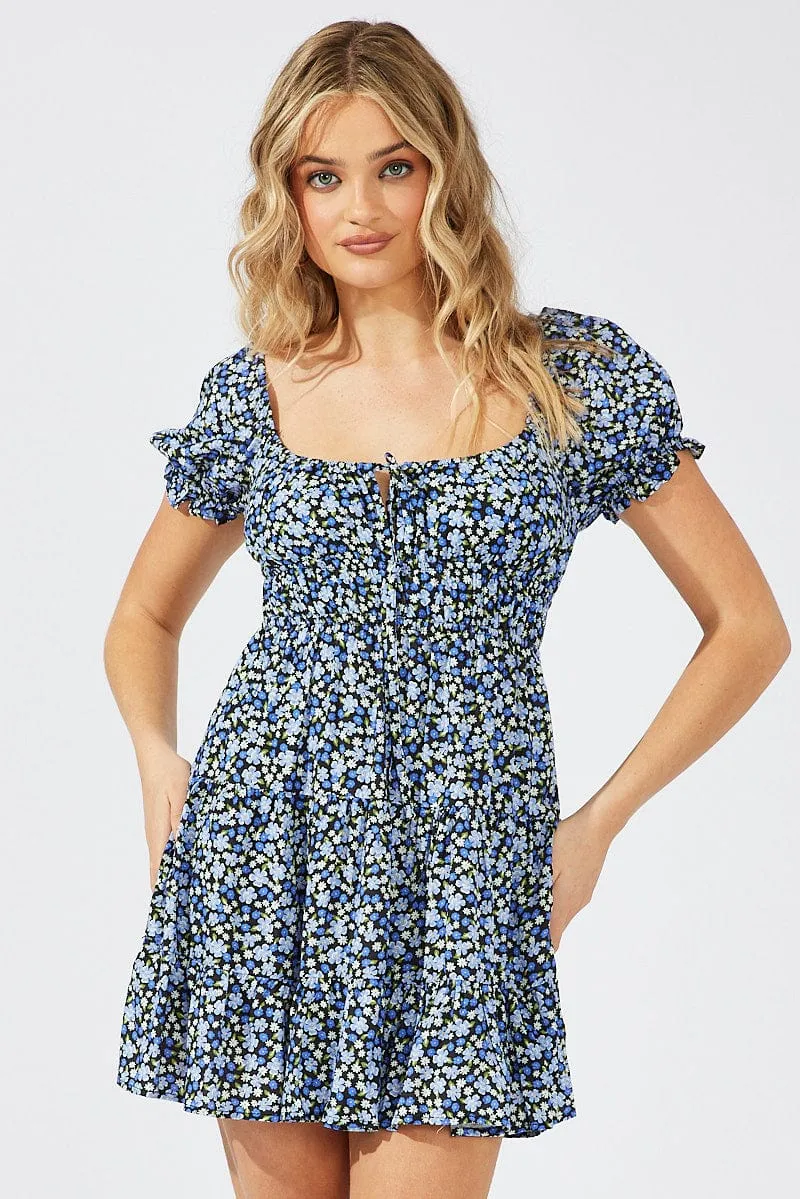 Black Ditsy Fit And Flare Dress Puff Sleeve Mini sold by Ally Fashion