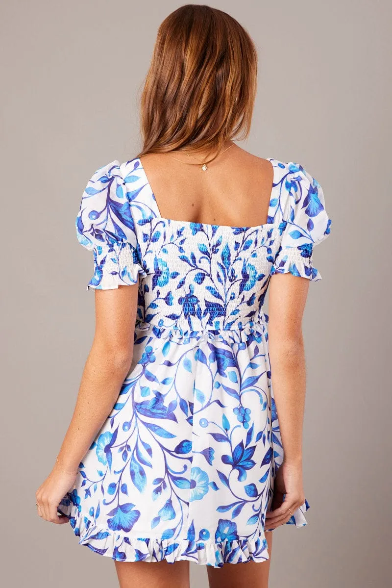 Blue Floral Fit And Flare Dress Puff Sleeve sold by Ally Fashion product image thumbnail 5
