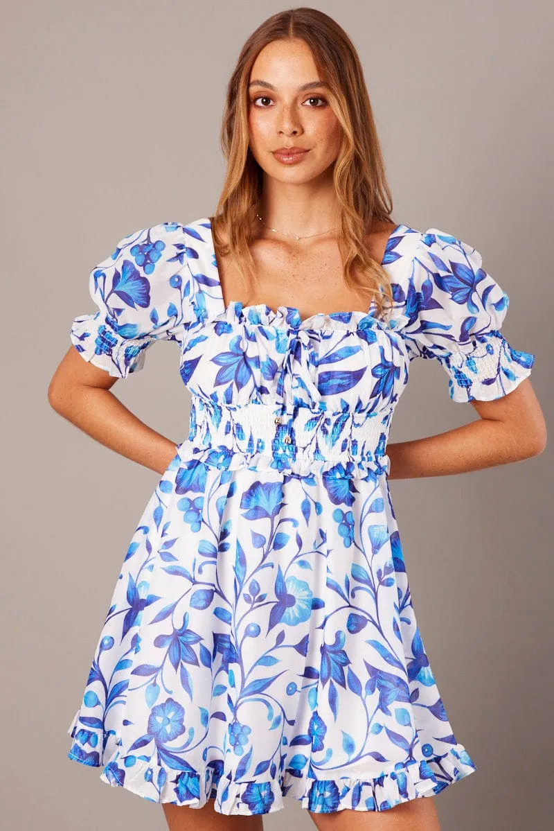 Blue Floral Fit And Flare Dress Puff Sleeve sold by Ally Fashion product image thumbnail 2