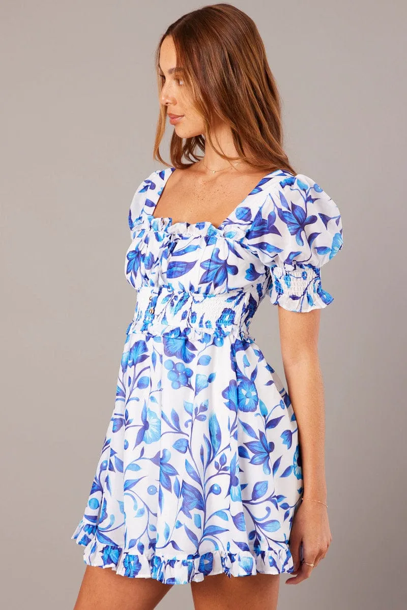 Blue Floral Fit And Flare Dress Puff Sleeve sold by Ally Fashion product image thumbnail 4