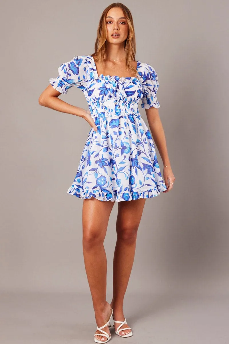 Blue Floral Fit And Flare Dress Puff Sleeve sold by Ally Fashion
