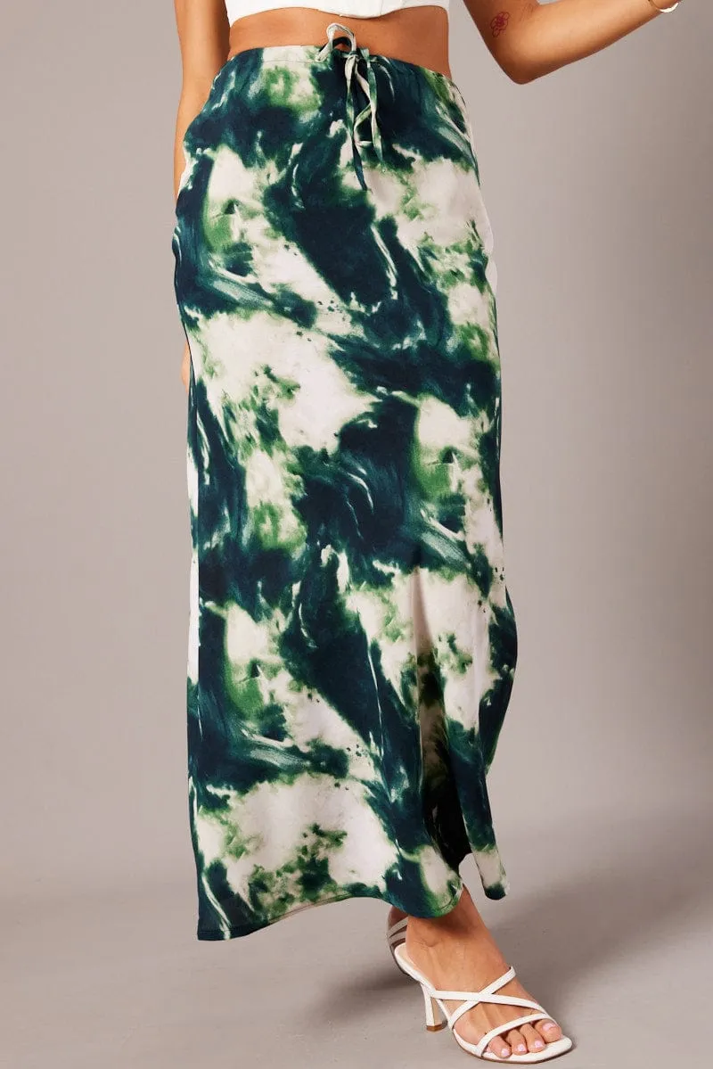 Green Abstract Slip Skirt Maxi Drawstring Waist sold by Ally Fashion