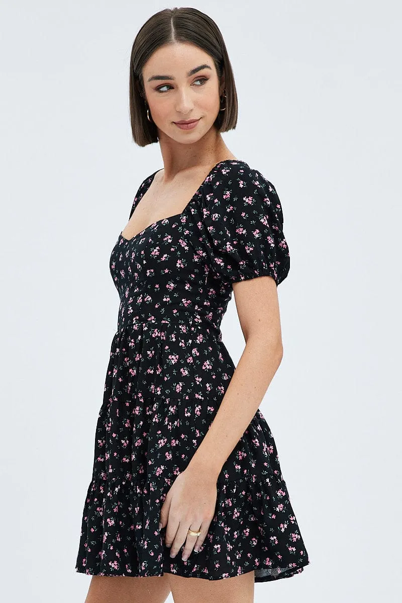 Black Floral Fit And Flare Dress Puff Sleeve Mini sold by Ally Fashion product image thumbnail 4