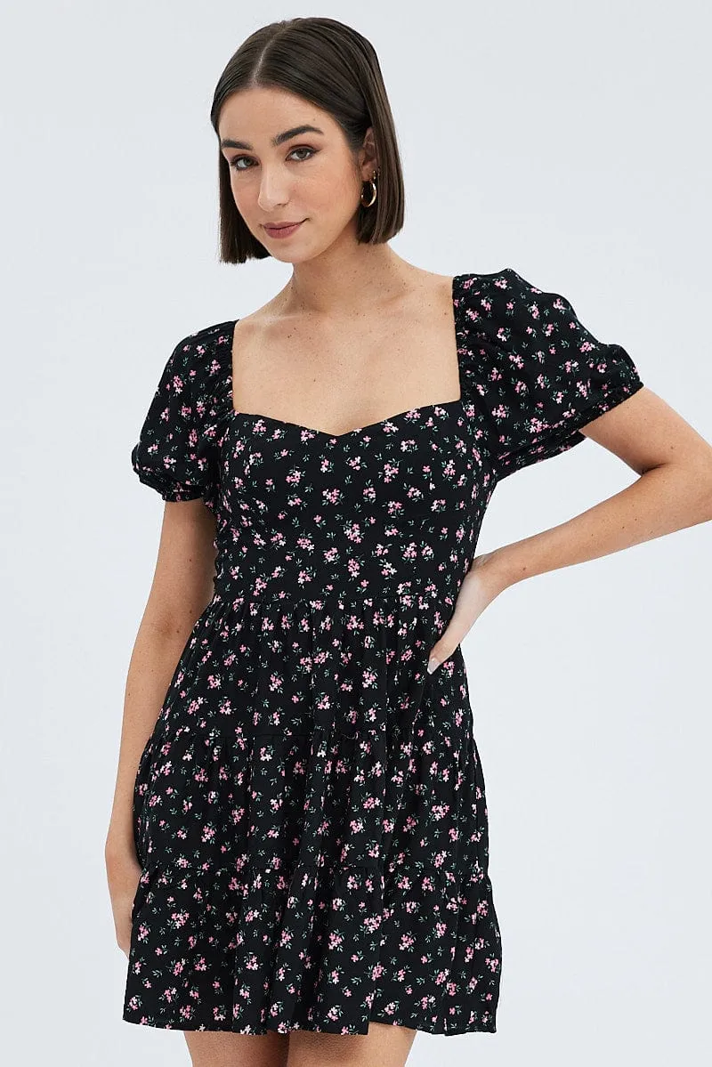 Black Floral Fit And Flare Dress Puff Sleeve Mini sold by Ally Fashion