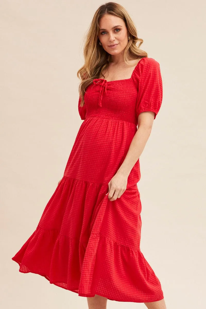 Red Midi Dress Short Sleeve Shirred sold by Ally Fashion product image thumbnail 2
