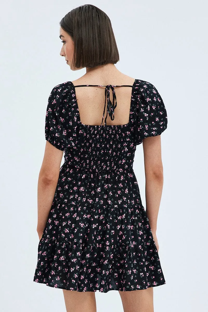Black Floral Fit And Flare Dress Puff Sleeve Mini sold by Ally Fashion product image thumbnail 5