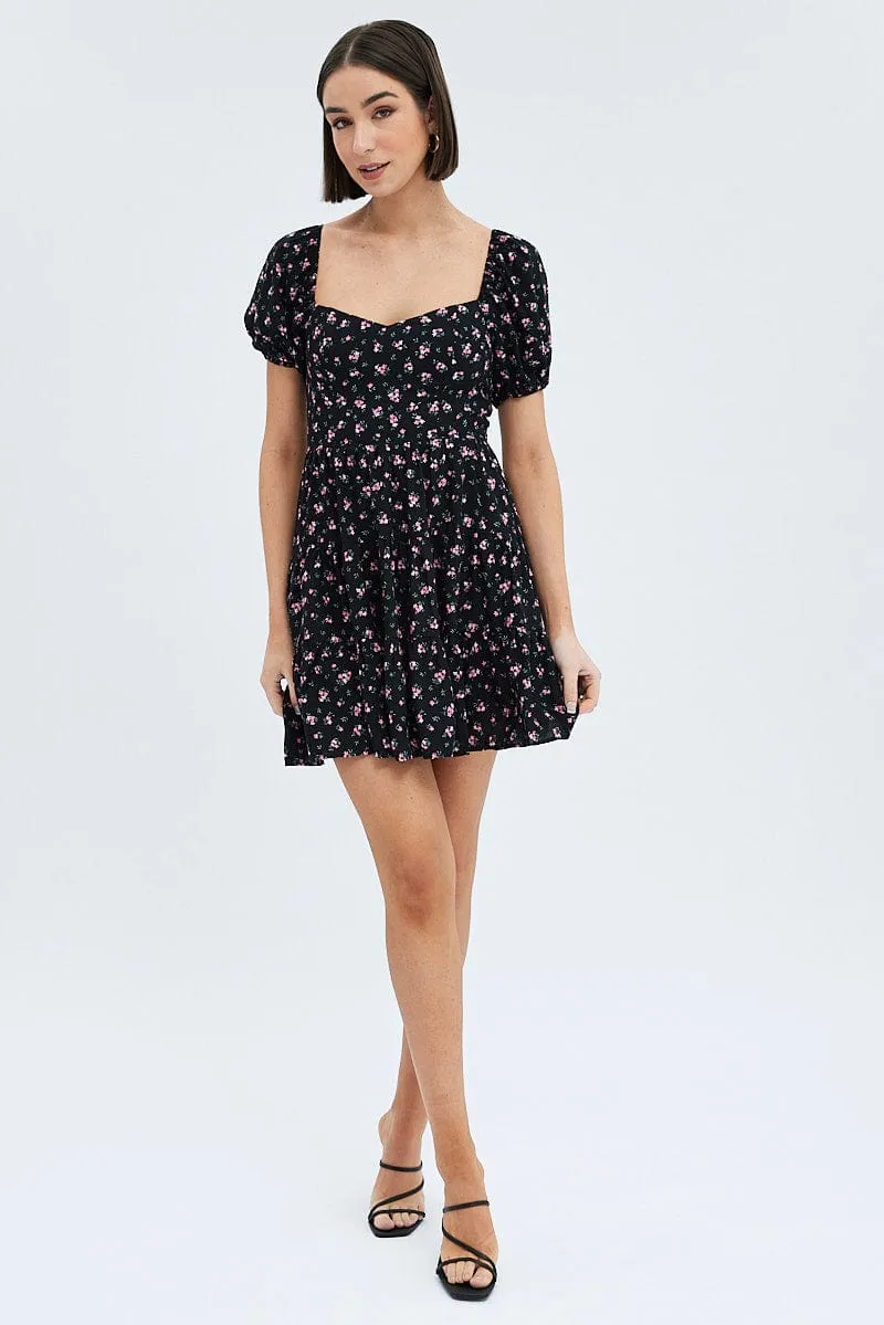 Black Floral Fit And Flare Dress Puff Sleeve Mini sold by Ally Fashion product image thumbnail 2