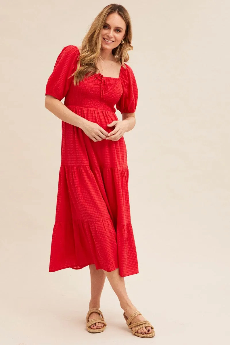 Red Midi Dress Short Sleeve Shirred sold by Ally Fashion