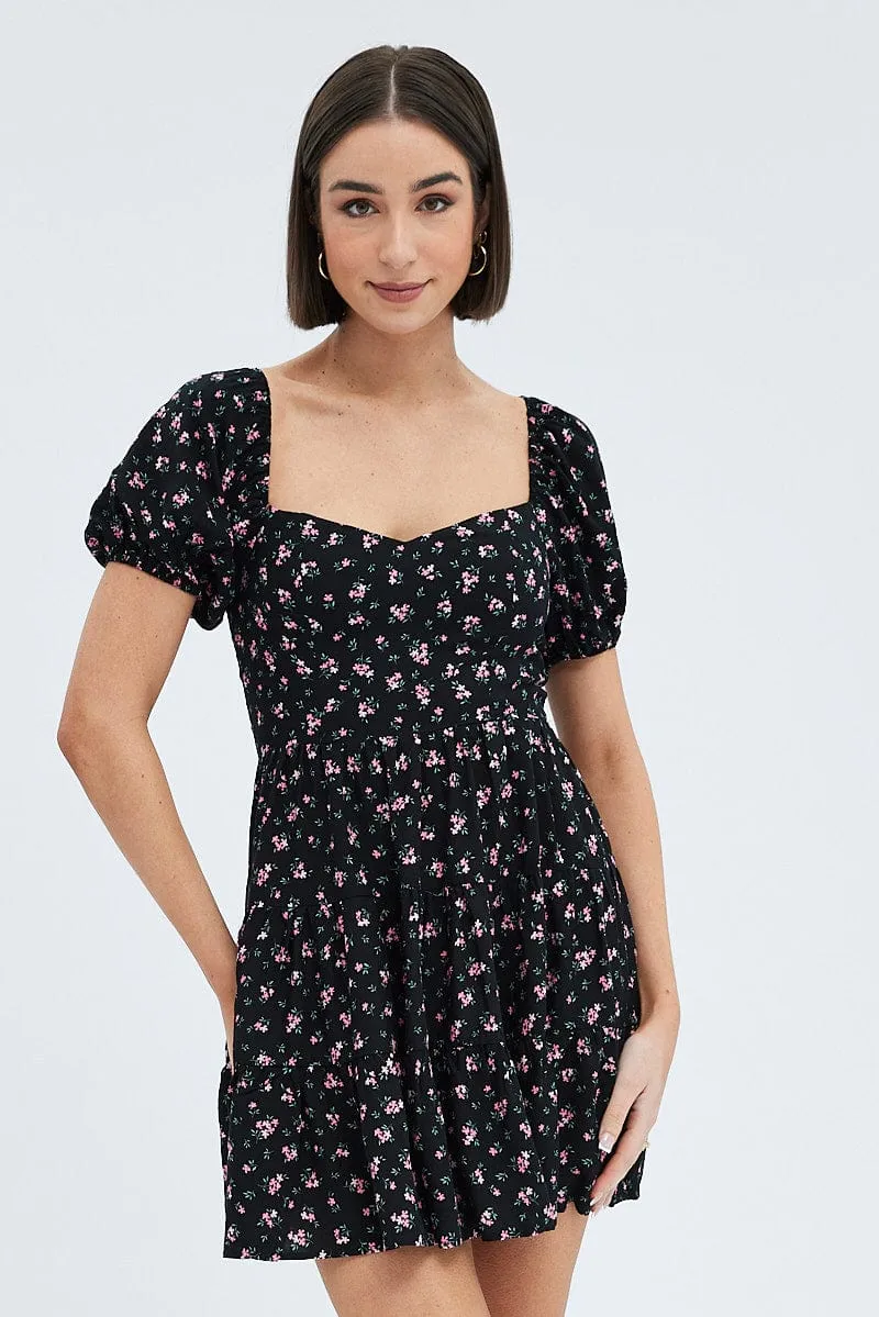 Black Floral Fit And Flare Dress Puff Sleeve Mini sold by Ally Fashion product image thumbnail 3