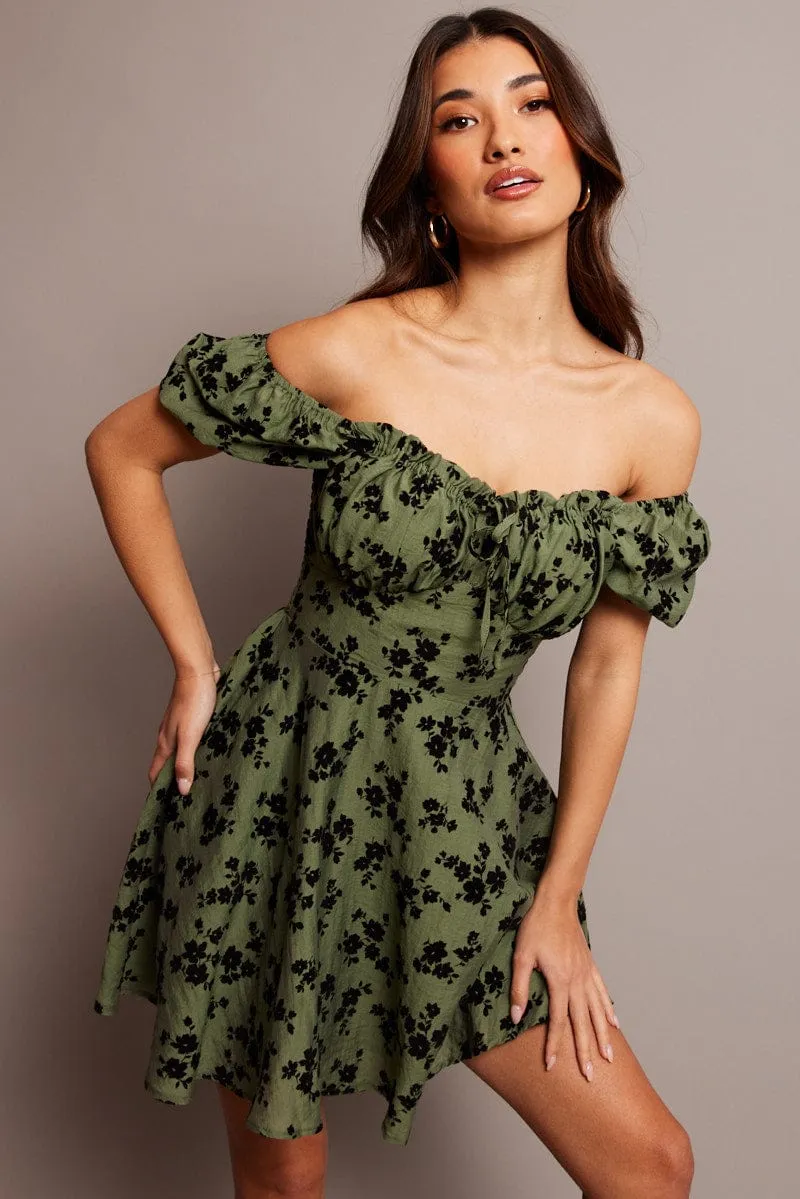 Green Ditsy Fit And Flare Dress Mini sold by Ally Fashion