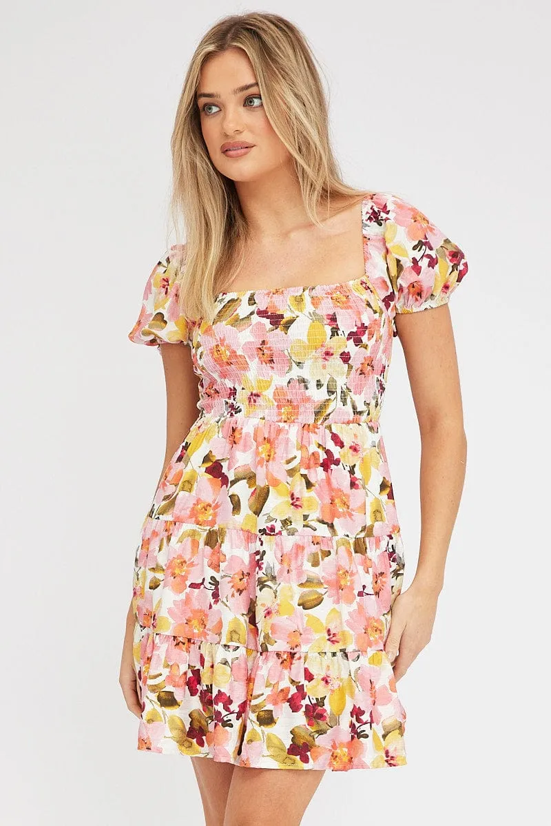 Pink Floral Fit and Flare Dress Short Sleeve Shirred sold by Ally Fashion product image thumbnail 3