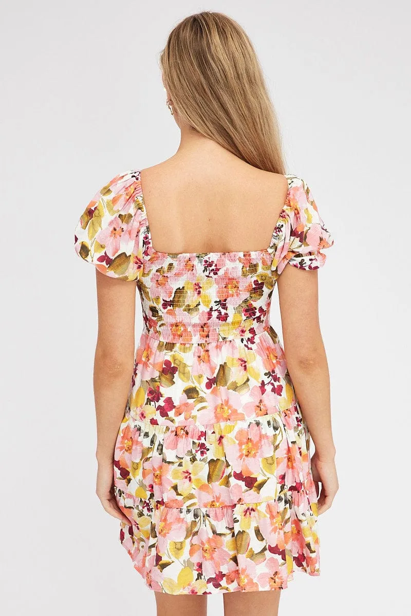 Pink Floral Fit and Flare Dress Short Sleeve Shirred sold by Ally Fashion product image thumbnail 5