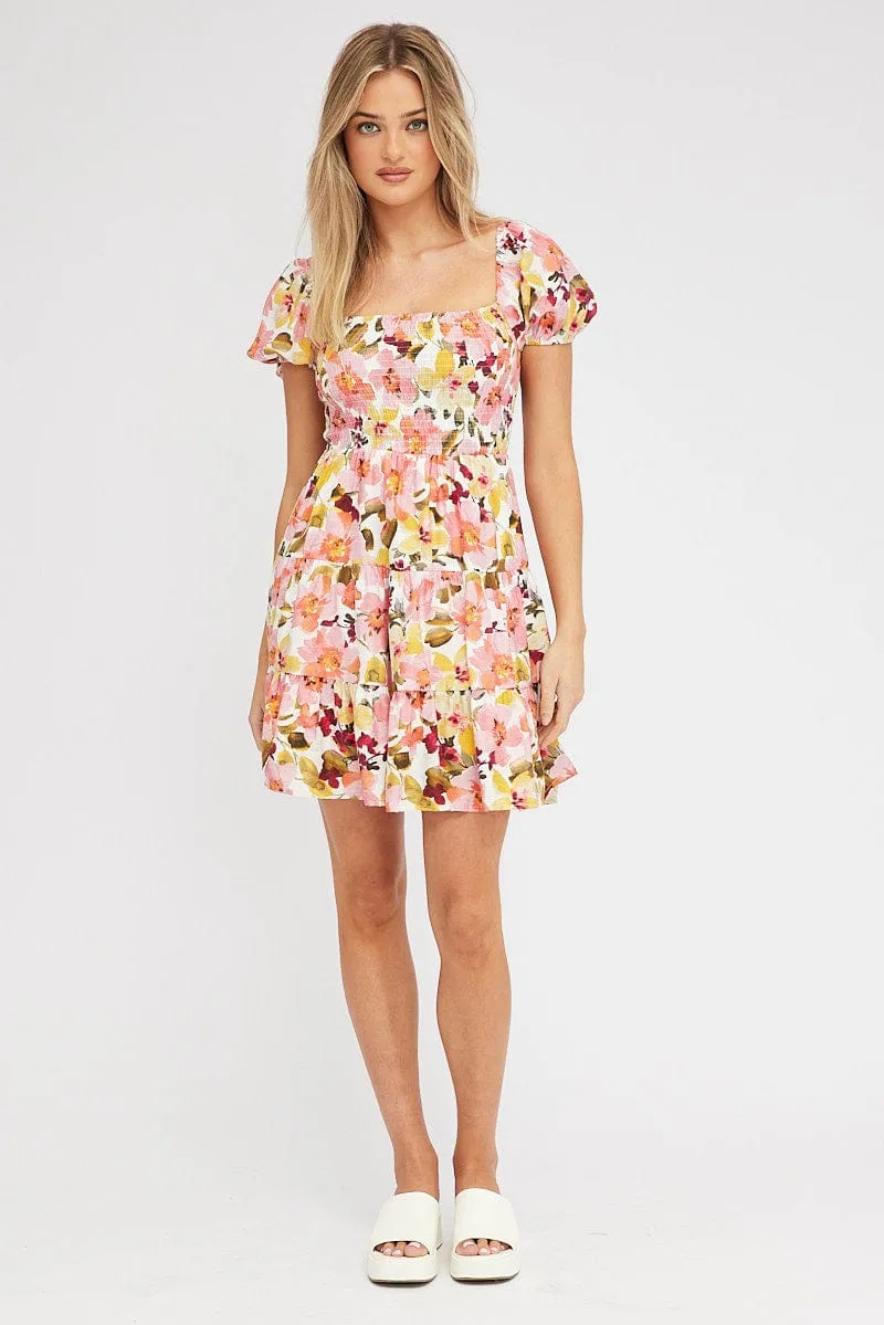 Pink Floral Fit and Flare Dress Short Sleeve Shirred sold by Ally Fashion product image thumbnail 2