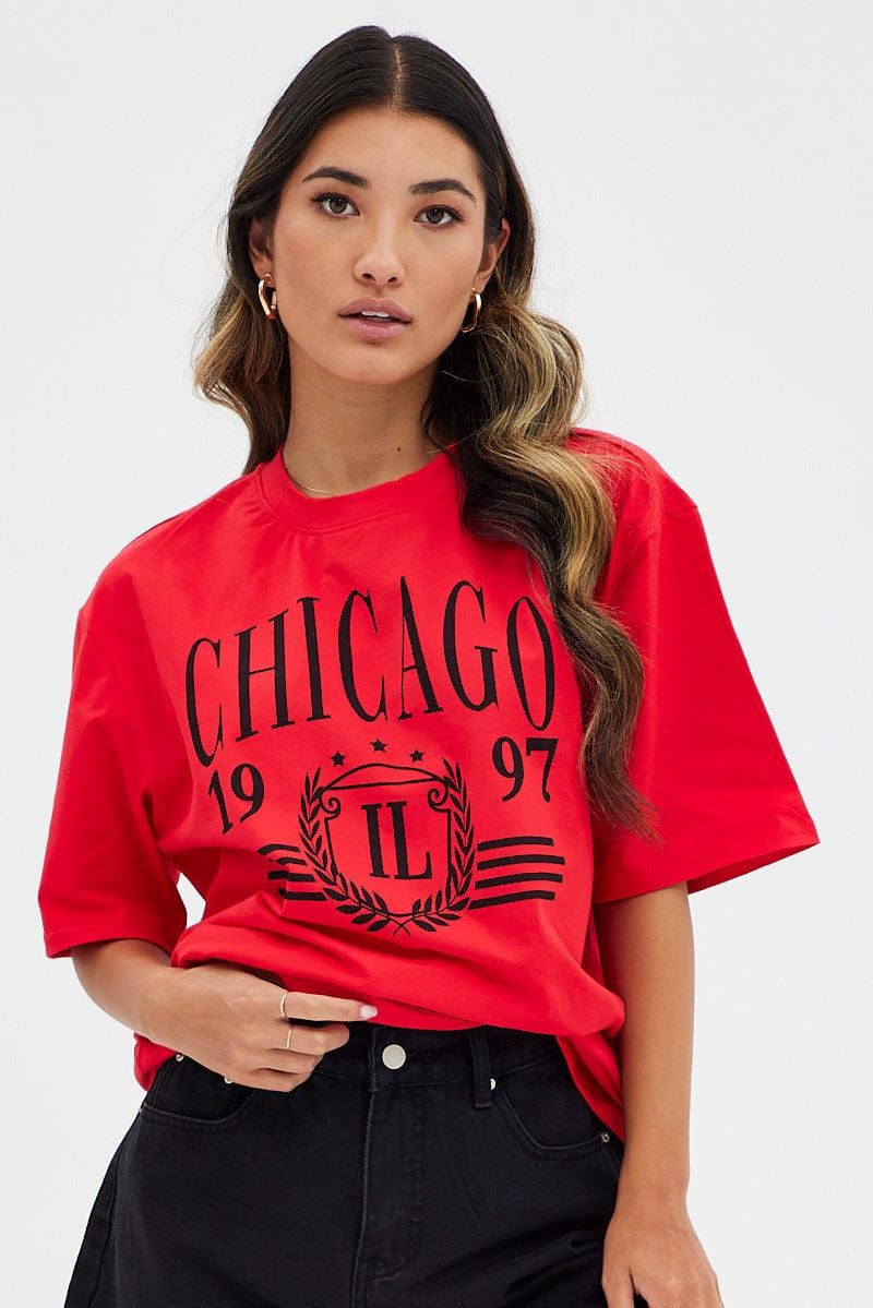 Red T Shirt Short Sleeve Crew Neck Longline Chicago sold by Ally Fashion product image thumbnail 3
