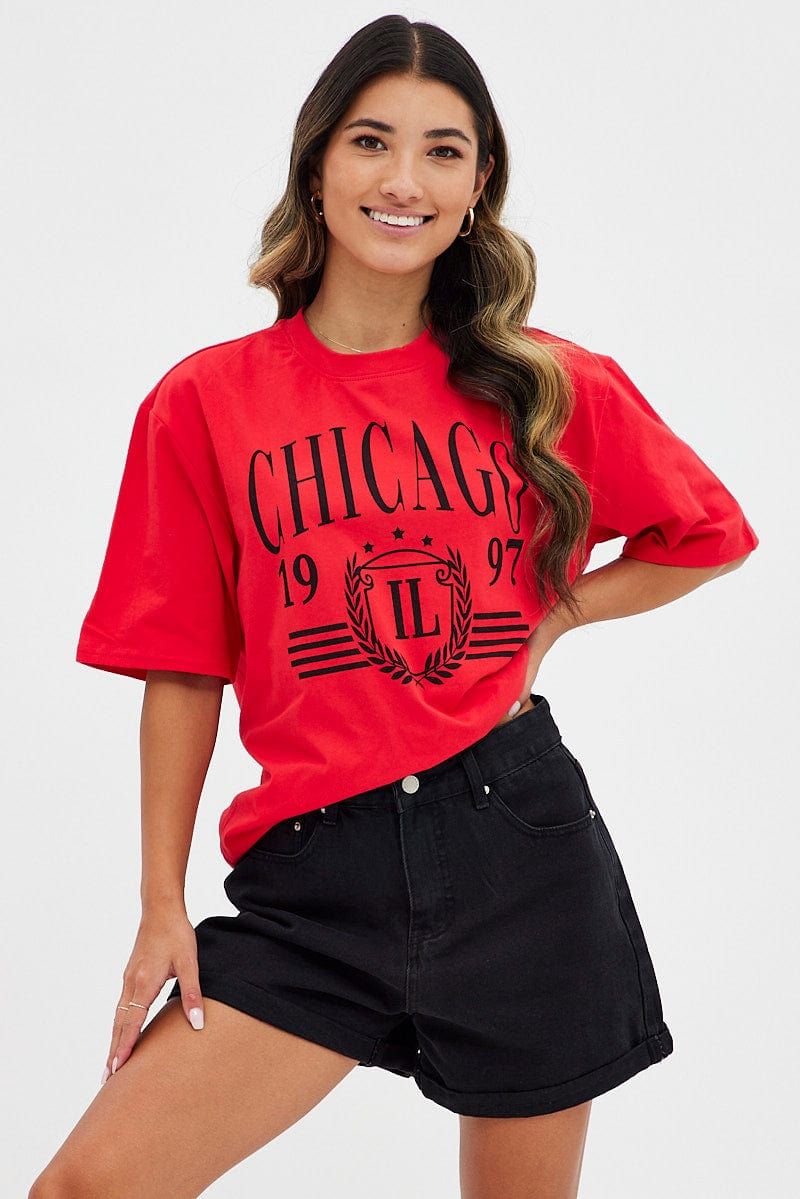 Red T Shirt Short Sleeve Crew Neck Longline Chicago sold by Ally Fashion