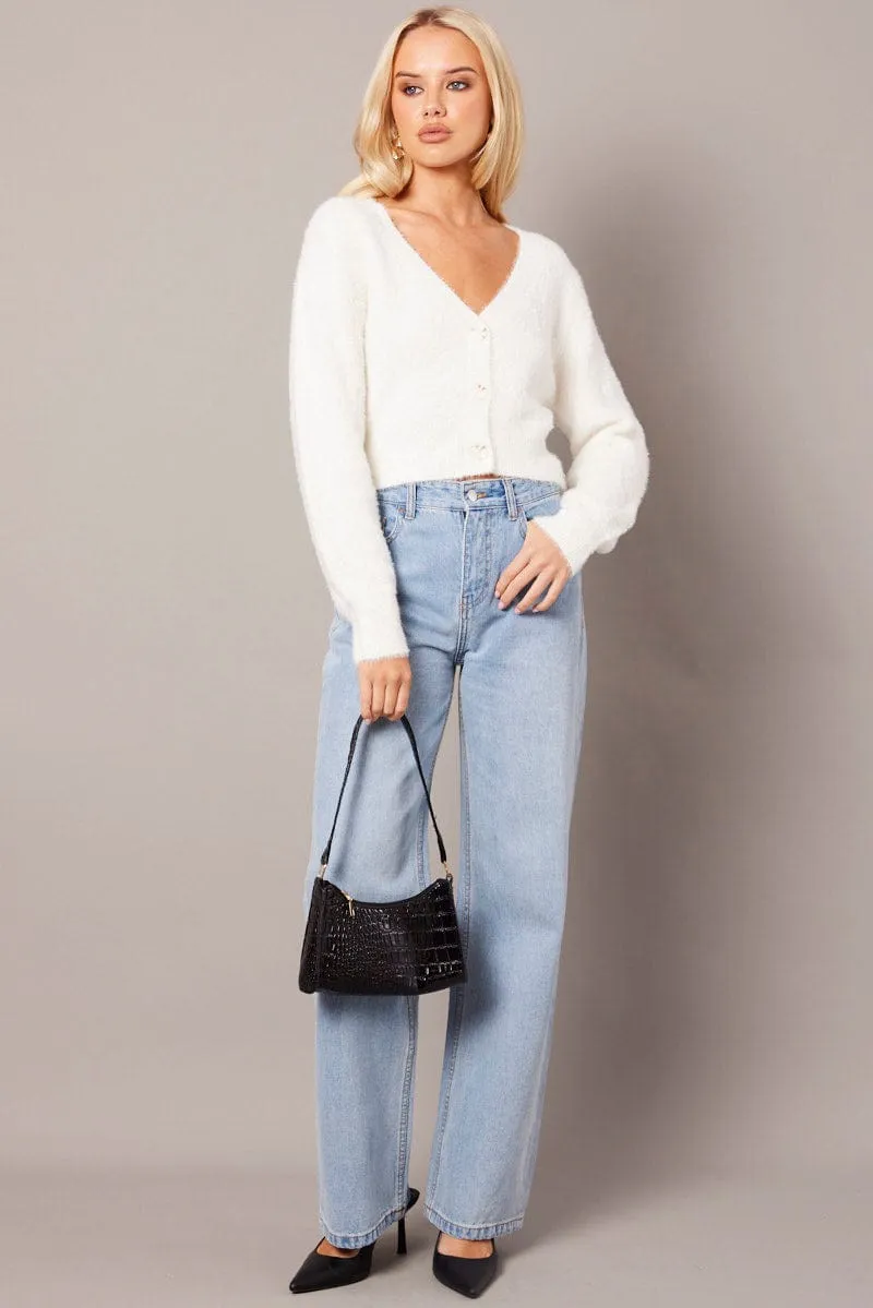 White Fluffy Knit Cardigan Long Sleeve V Neck sold by Ally Fashion product image thumbnail 3