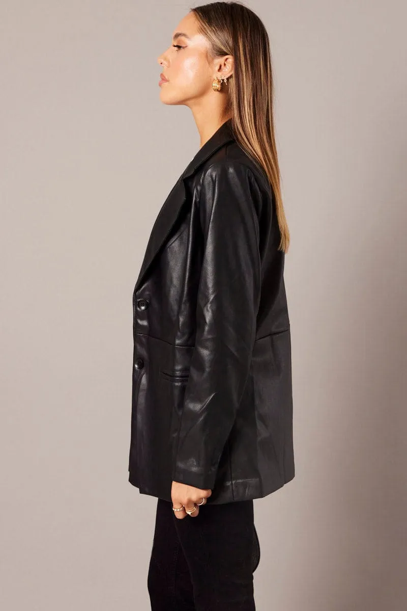 Black Jacket Faux Leather Collared sold by Ally Fashion product image thumbnail 4