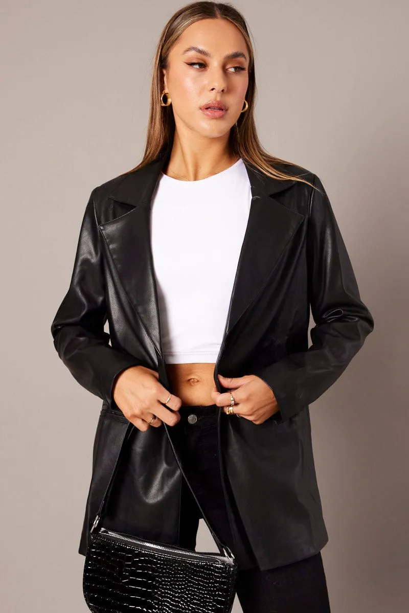 Black Jacket Faux Leather Collared sold by Ally Fashion