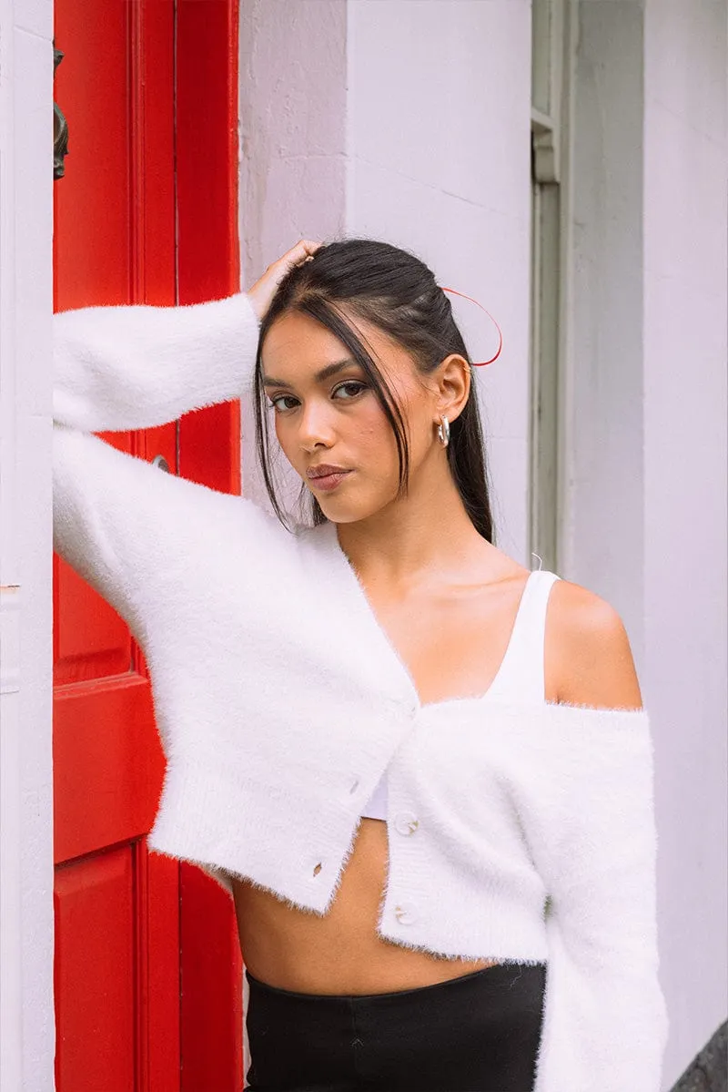 White Fluffy Knit Cardigan Long Sleeve V Neck sold by Ally Fashion