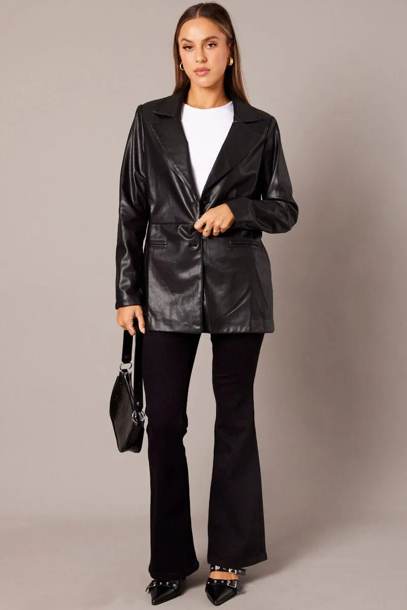 Black Jacket Faux Leather Collared sold by Ally Fashion product image thumbnail 2