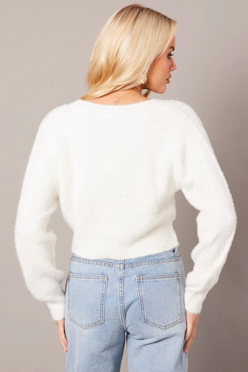 White Fluffy Knit Cardigan Long Sleeve V Neck sold by Ally Fashion product image thumbnail 5