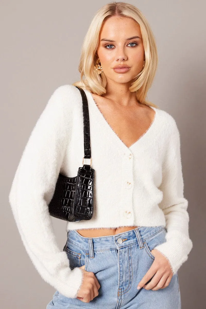White Fluffy Knit Cardigan Long Sleeve V Neck sold by Ally Fashion product image thumbnail 2