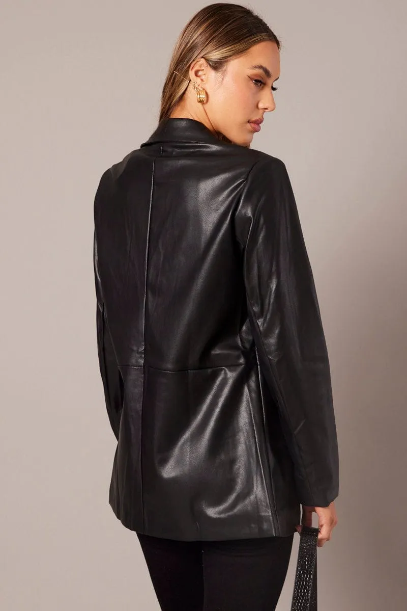 Black Jacket Faux Leather Collared sold by Ally Fashion product image thumbnail 5