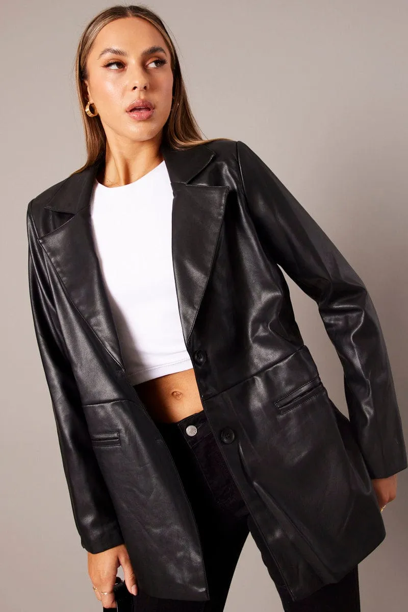 Black Jacket Faux Leather Collared sold by Ally Fashion product image thumbnail 3