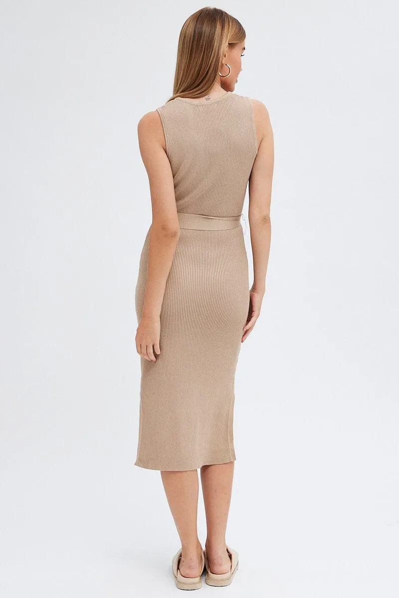 Beige Knit Dress Sleeveless Round Neck Belted Midi sold by Ally Fashion product image thumbnail 5