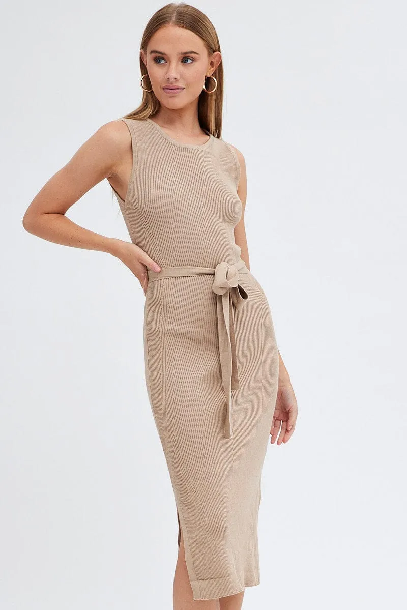 Beige Knit Dress Sleeveless Round Neck Belted Midi sold by Ally Fashion product image thumbnail 2