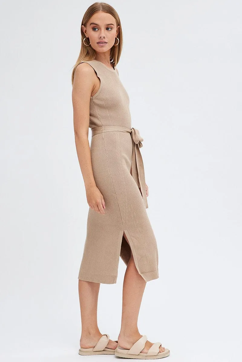 Beige Knit Dress Sleeveless Round Neck Belted Midi sold by Ally Fashion product image thumbnail 4