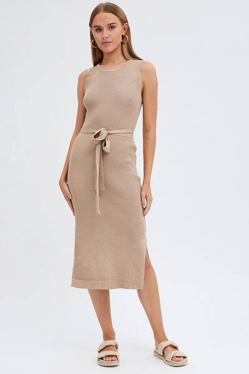 Beige Knit Dress Sleeveless Round Neck Belted Midi sold by Ally Fashion