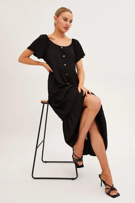 Black Button Short Sleeve Maxi Dress sold by Ally Fashion