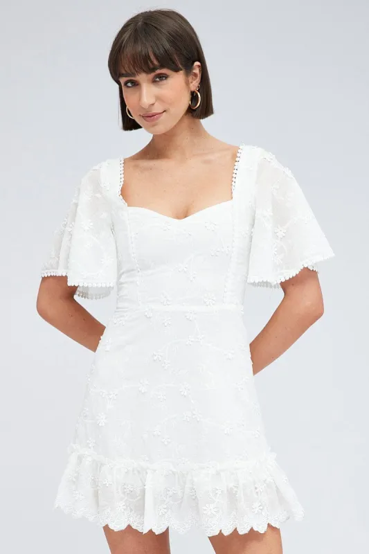 White Mini Dress Wing Sleeve Cotton Lace sold by Ally Fashion