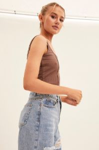 Brown Corset Crop Rib Curve Hem Tank sold by Ally Fashion